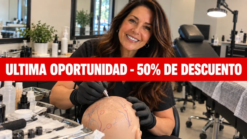 Franja de 50% de descuento sobre comparación entre un blowout azul-verdoso mal aplicado y un resultado correcto de micropigmentación capilar